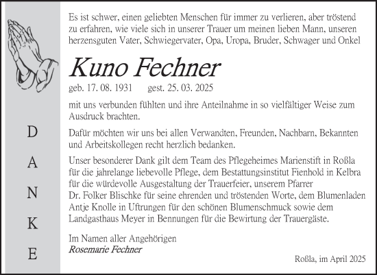 Traueranzeige von Kuno Fechner von Trauerkombi Sangerhausen