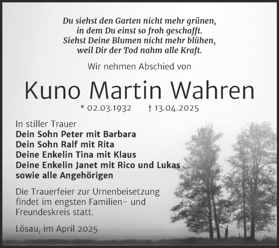 Traueranzeige von Kuno Martin Wahren von Trauerkombi Weißenfels