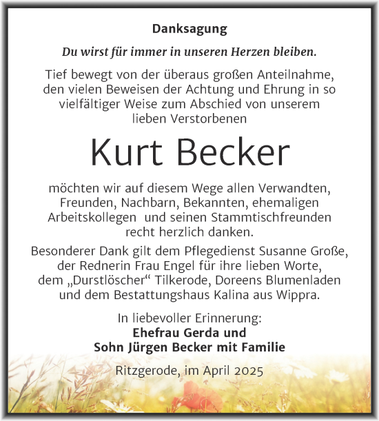 Traueranzeige von Kurt Becker von Trauerkombi Mansfelder Land