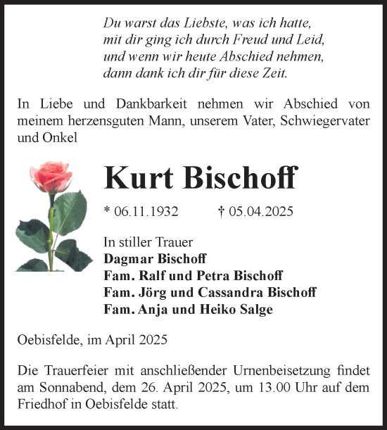 Traueranzeige von Kurt Bischoff von Volksstimme Altmark West