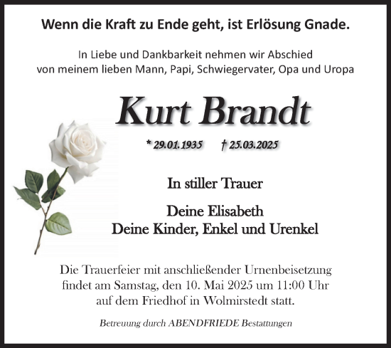Traueranzeige von Kurt Brandt von Volksstimme Haldensleben/Wolmirstedt