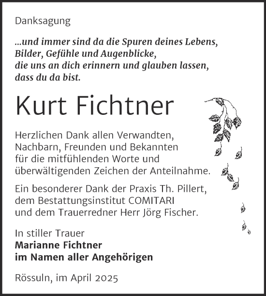 Traueranzeige von Kurt Fichtner von Trauerkombi Weißenfels