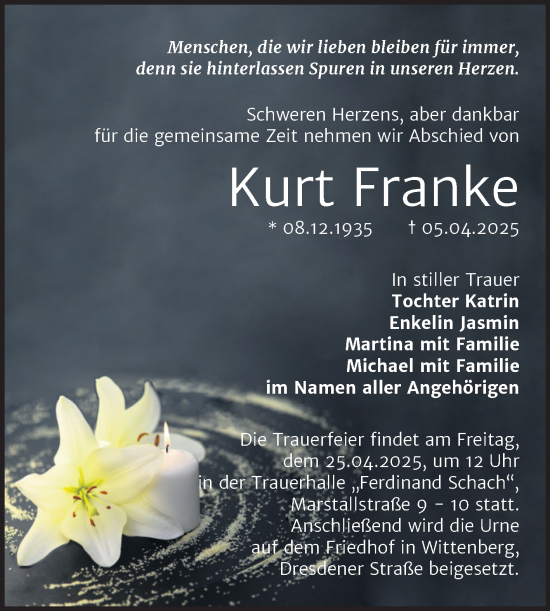 Traueranzeige von Kurt Franke von Trauerkombi Wittenberg
