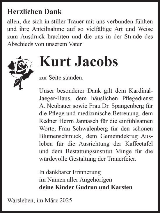 Traueranzeige von Kurt Jacobs von Volksstimme Oschersleben/Wanzleben