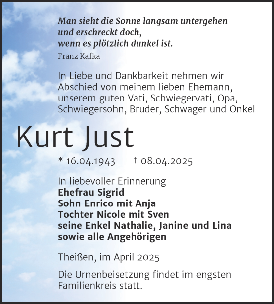 Traueranzeige von Kurt Just von Trauerkombi Zeitz