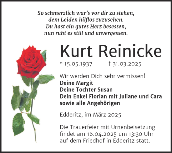 Traueranzeige von Kurt Reinicke von Trauerkombi Köthen