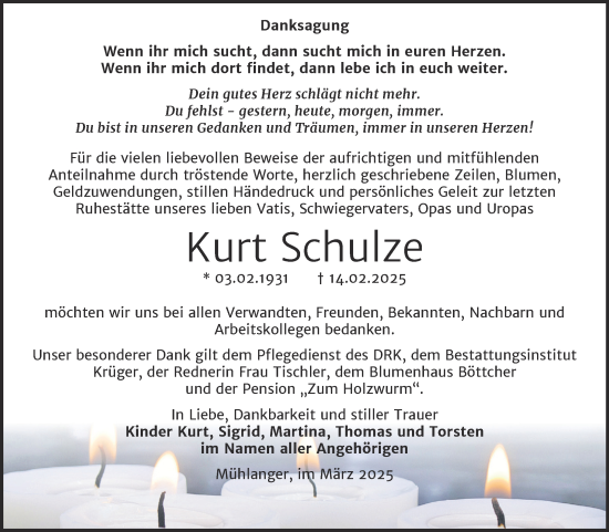 Traueranzeige von Kurt Schulze von Trauerkombi Wittenberg
