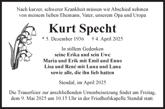 Traueranzeige von Kurt Specht von Volksstimme Altmark West