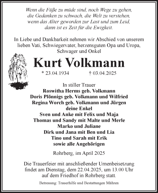 Traueranzeige von Kurt Volkmann von Volksstimme Altmark West