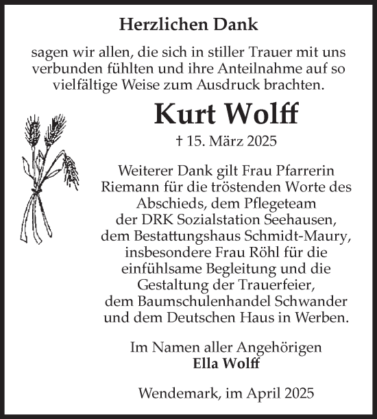 Traueranzeige von Kurt Wolff von Volksstimme Altmark Ost