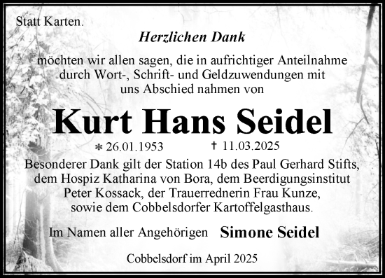 Traueranzeige von Kurt Hans Seidel von Trauerkombi Wittenberg