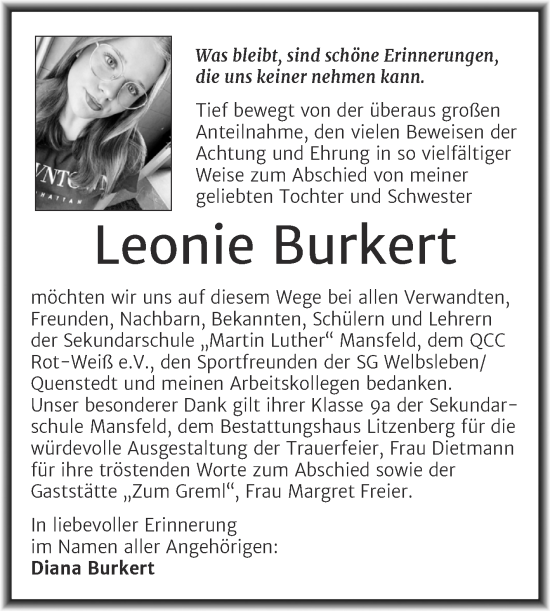 Traueranzeige von Leonie Burkert von Trauerkombi Mansfelder Land
