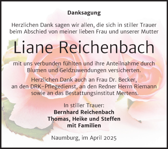 Traueranzeige von Liane Reichenbach von Super Sonntag Naumburg/Nebra
