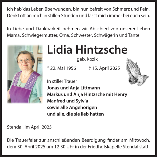 Traueranzeige von Lidia Hintzsche von Volksstimme Altmark Ost