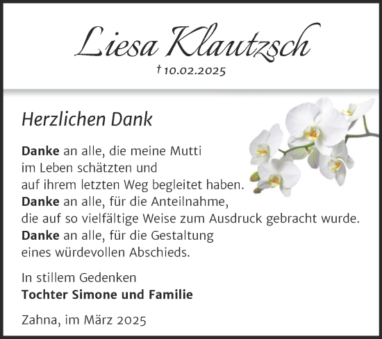 Traueranzeige von Liesa Klautzsch von Trauerkombi Wittenberg