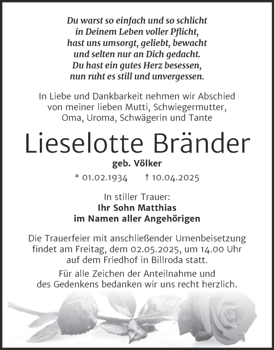 Traueranzeige von Lieselotte Bränder von Super Sonntag Naumburg/Nebra