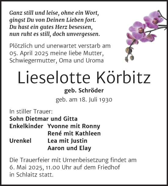 Traueranzeige von Lieselotte Körbitz von Trauerkombi Bitterfeld