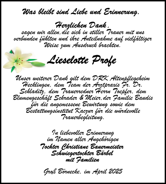 Traueranzeige von Lieselotte Profe 