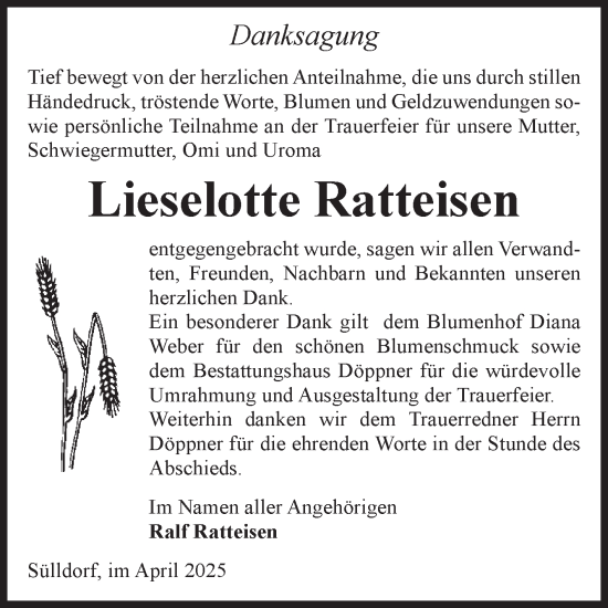 Traueranzeige von Lieselotte Ratteisen von Volksstimme Oschersleben/Wanzleben
