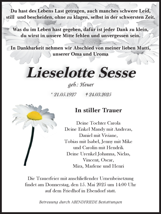 Traueranzeige von Lieselotte Sesse von Volksstimme Haldensleben/Wolmirstedt