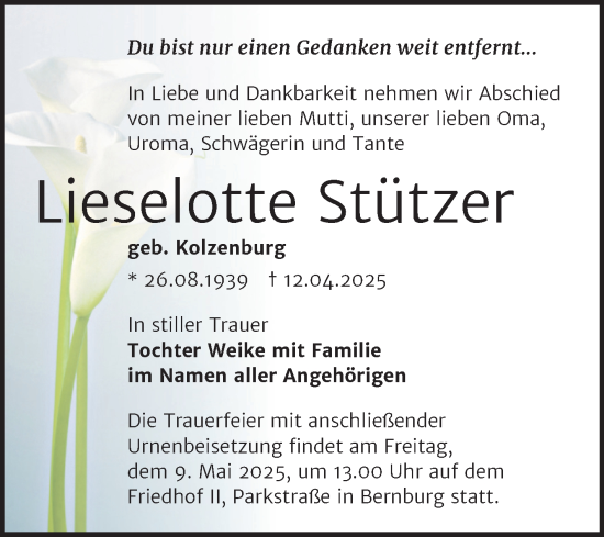 Traueranzeige von Lieselotte Stützer von Trauerkombi Bernburg