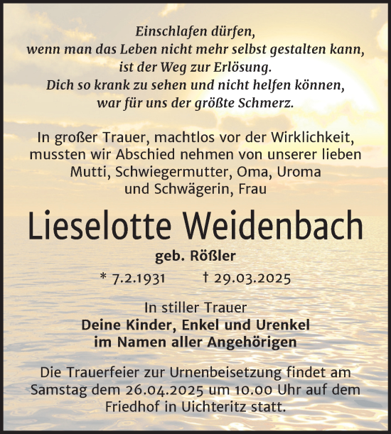 Traueranzeige von Lieselotte Weidenbach von Trauerkombi Weißenfels