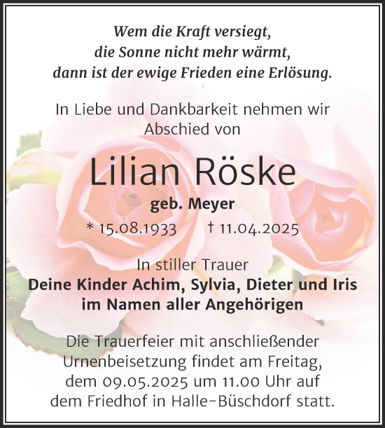 Traueranzeige von Lilian Röske von Mitteldeutsche Zeitung Halle/Saalkreis