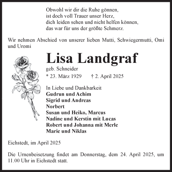 Traueranzeige von Lisa Landgraf von Volksstimme Altmark Ost