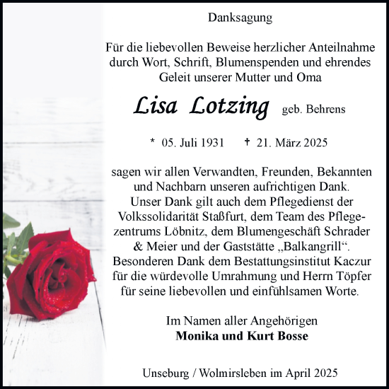 Traueranzeige von Lisa Lotzing 