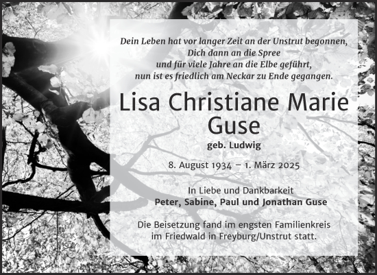 Traueranzeige von Lisa Christiane Marie Guse von Volksstimme Magdeburg