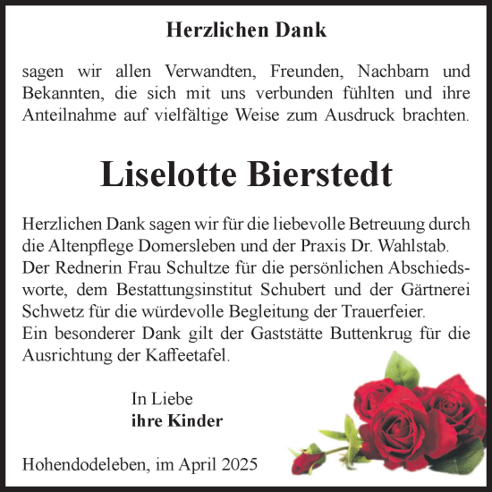 Traueranzeige von Liselotte Bierstedt von Volksstimme Oschersleben/Wanzleben