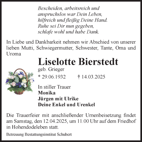 Traueranzeige von Liselotte Bierstedt von Volksstimme Oschersleben/Wanzleben