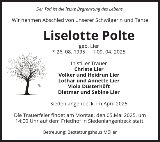 Traueranzeige von Liselotte Polte von Volksstimme Altmark West