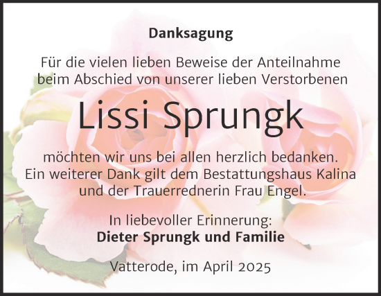 Traueranzeige von Lissi Sprungk von Trauerkombi Mansfelder Land