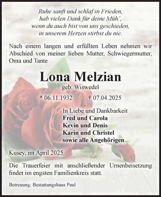Traueranzeige von Lona Melzian von Volksstimme Altmark West