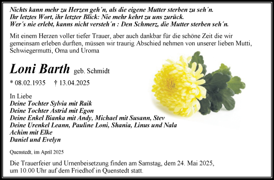 Traueranzeige von Loni Barth von Trauerkombi Mansfelder Land