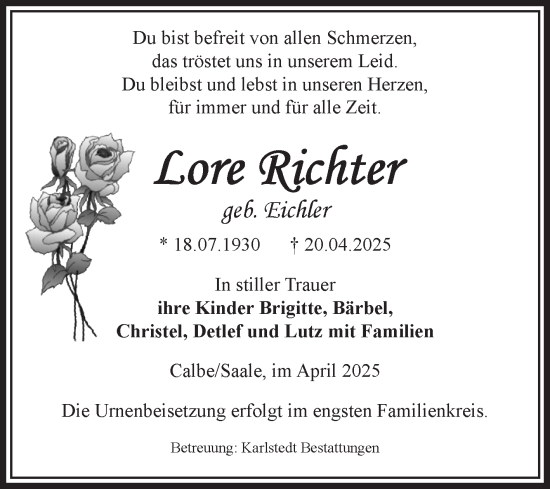 Traueranzeige von Lore Richter von Volksstimme Schönebeck