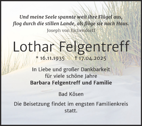 Traueranzeige von Lothar Felgentreff von Naumburger Tageblatt