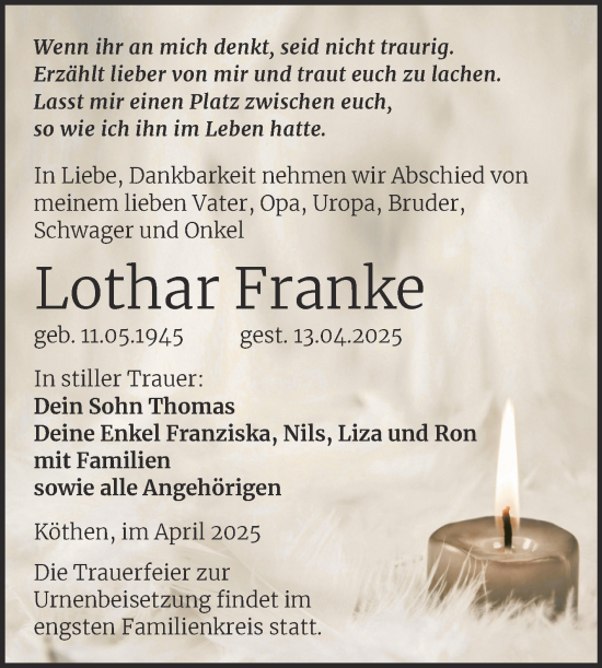 Traueranzeige von Lothar Franke von Trauerkombi Köthen