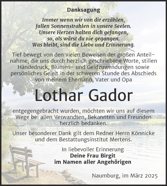 Traueranzeige von Lothar Gador von Super Sonntag Naumburg/Nebra