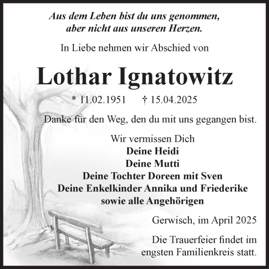 Traueranzeige von Lothar Ignatowitz von Volksstimme Burg/Genthin