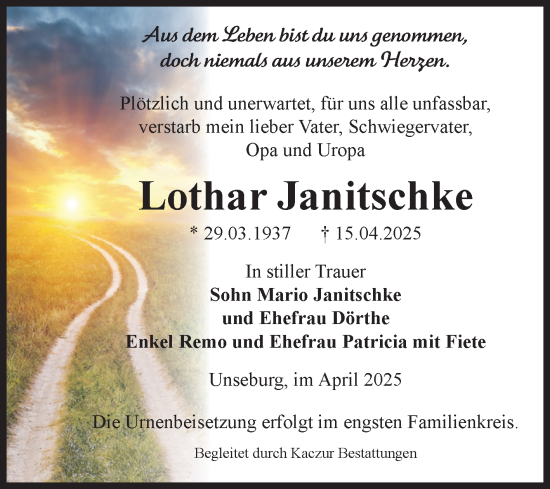 Traueranzeige von Lothar Janitschke von Volksstimme Staßfurt