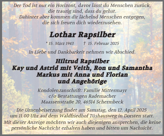 Traueranzeige von Lothar Rapsilber von Trauerkombi Bitterfeld