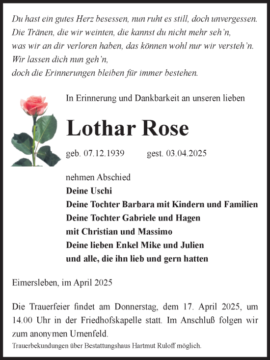 Traueranzeige von Lothar Rose von Volksstimme Haldensleben/Wolmirstedt