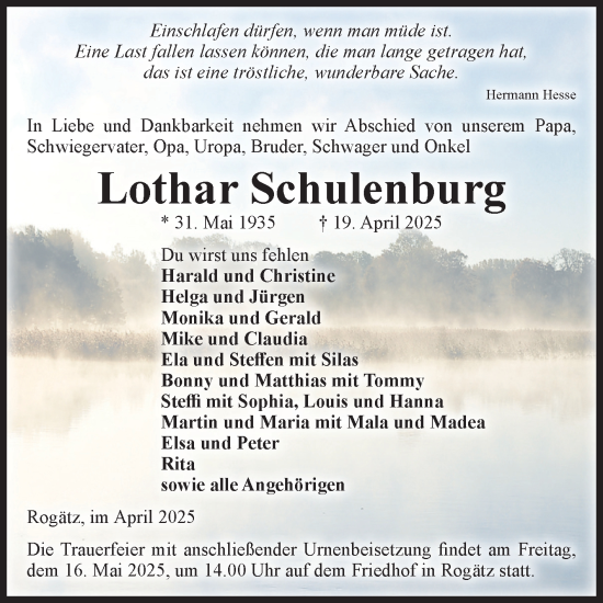Traueranzeige von Lothar Schulenburg von Volksstimme Haldensleben/Wolmirstedt