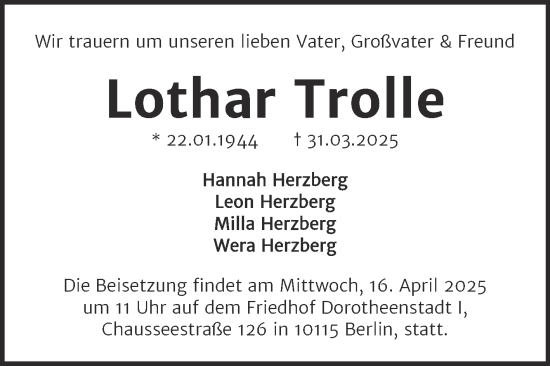 Traueranzeige von Lothar Trolle von Mitteldeutsche Zeitung Mansfelder Land