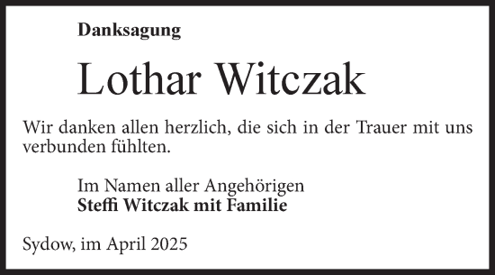 Traueranzeige von Lothar Witczak von Volksstimme Altmark Ost