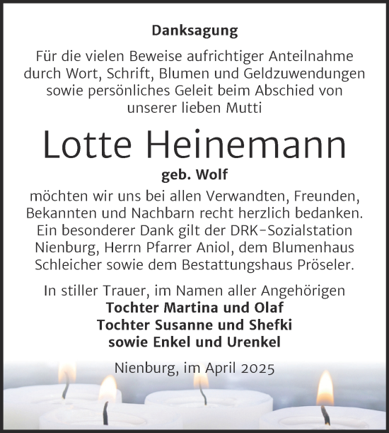 Traueranzeige von Lotte Heinemann von Trauerkombi Bernburg