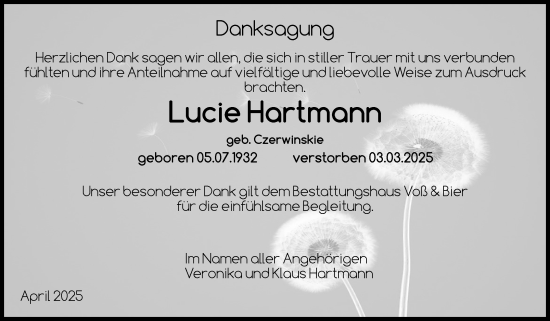 Traueranzeige von Lucie Hartmann von Volksstimme Wernigerode