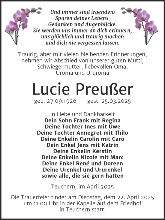 Traueranzeige von Lucie Preußer von Trauerkombi Weißenfels